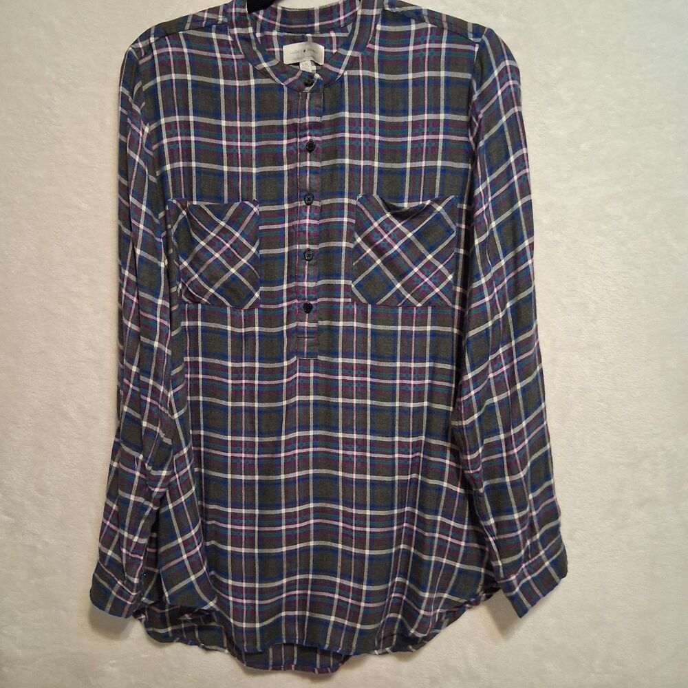 Lucky Brand L Top Popover Gray Purple Plaid Lightweight Viscose Grunge Boho